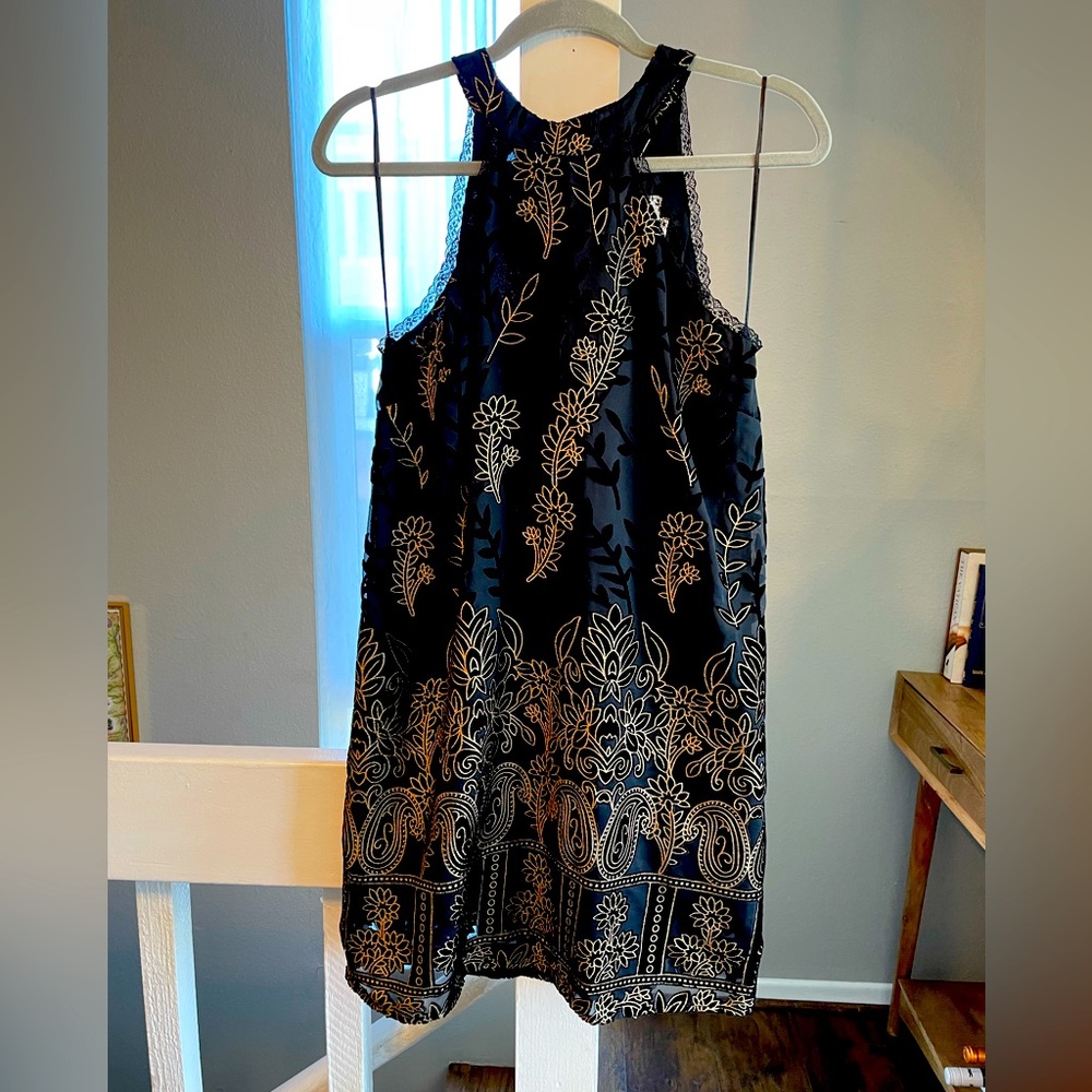 Gold and Black Velvet Floral Print Halter Dress